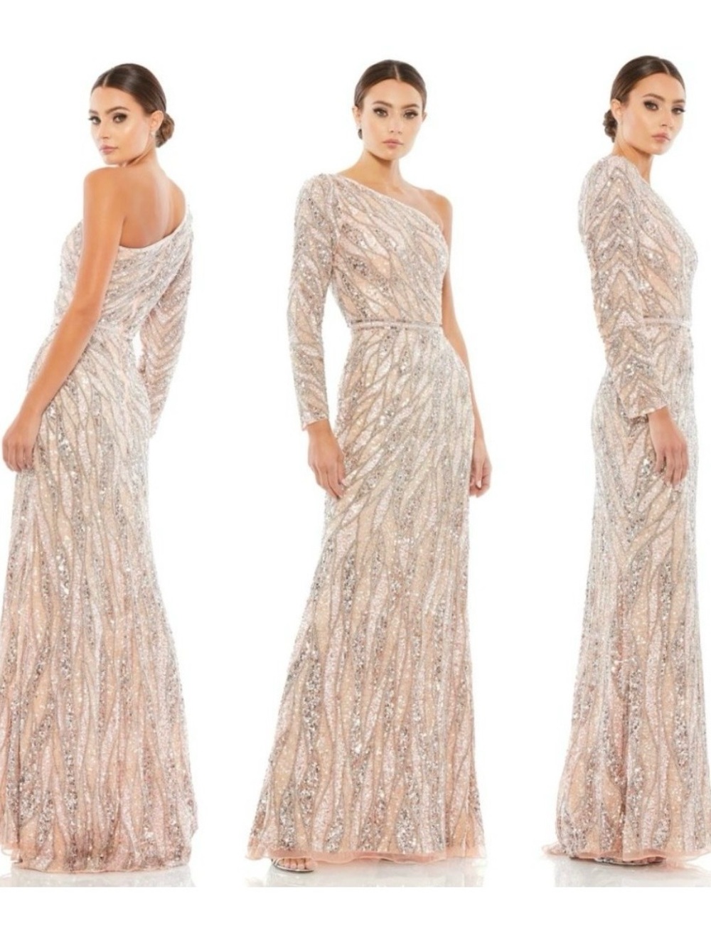 Mac Duggal Pink Beaded and Sequined One Shoulder Long Sleeved Evening Gown 0